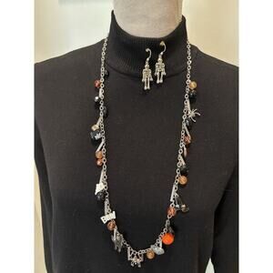 Halloween Charm Necklace & Skeleton Dangle Earrings 39” Spider Whimsy Kidcore